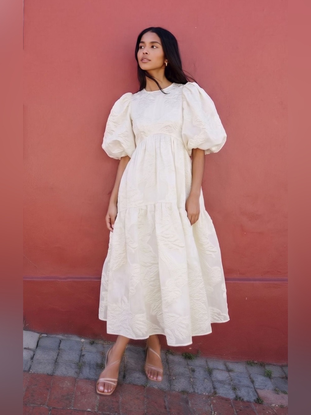 Asos Edition Tiered Metallic Floral Jacquard Midi Dress In Ivory In Size 8
